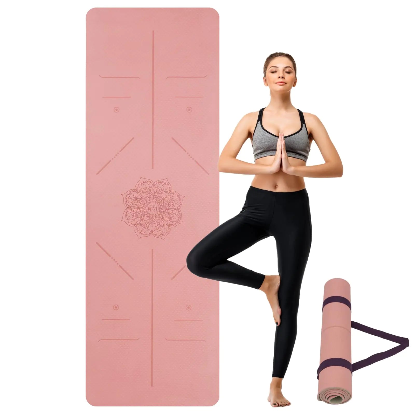 Non-Slip Pink Yoga Mat – 3/16” TPE Exercise & Fitness Mat with Strap
