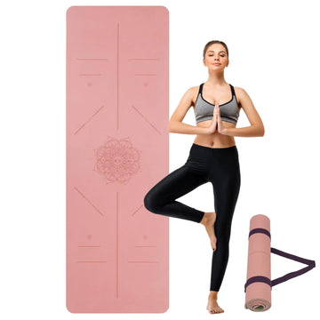 Non-Slip Pink Yoga Mat – 3/16” TPE Exercise & Fitness Mat with Strap